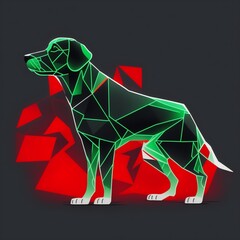 Minimalist medium quality vector art (neon line logo) depicting a tessellated geometric dog surrounded by bright smoke effects on a white, symmetrical, (red, black, white, green) background,