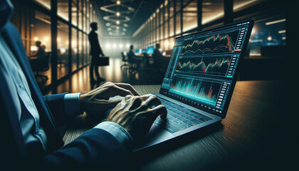 Close-up of a businessman's hands typing on a laptop, analyzing complex financial charts and data in a corporate office environment. - obrazy, fototapety, plakaty