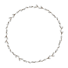 Round frame of pussy willow branches. Eco decoration. Watercolor illustration. Template for Holy Easter cards, covers, posters and invitations. © Fedulova_art