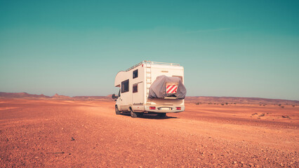 Family adventure travel, holiday road trip in motorhome, caravan car- Wilderness landscape, desert