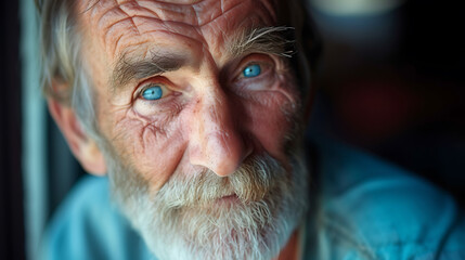 Capture the timeless charm and wisdom of this older gentleman with his distinguished thin, wispy beard and captivating twinkling blue eyes. His unique blend of experience and kindness is sur - obrazy, fototapety, plakaty
