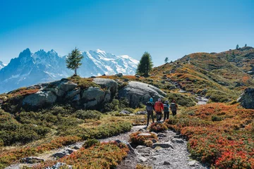 Fensteraufkleber Mont Blanc Group of hiker hiking on summit trail amidst the French alps on sunny day at France