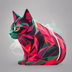 Minimalist medium quality vector art (neon line logo) depicting a tessellated geometric cat surrounded by bright smoke effects on a white, symmetrical, (red, black, white, green) background,