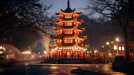 China's Red Pagoda - A Buddhist Temple at Night