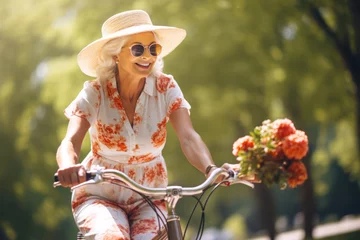Küchenrückwand glas motiv  Photo of an elegant elderly woman in a chic summer dress and sunhat, riding a vintage bicycle in a park © Hanna Haradzetska