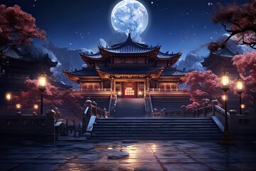 Moonlit Japanese Temple at Night