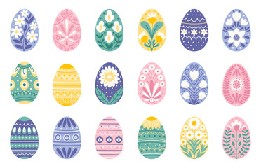 Folk Easter colorful egg set with spring ornament pattern. Abstract flowers, florals, botanicals, plants. Vector design illustartion for greeting card, banner, print, poster