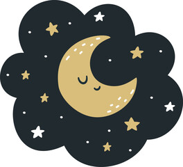Flat vector illustration in Scandinavian children's style. Moon with smiling face and stars in the night sky . Vector illustration