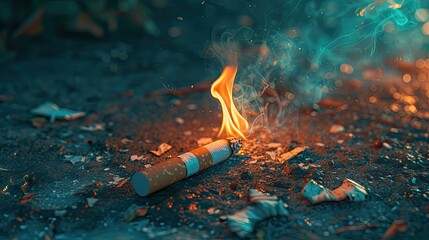Picture depicting discarded cigarette butts strewn on the pavement. - obrazy, fototapety, plakaty