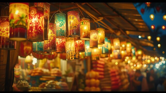 Summer festival scene with shiny colorful lanterns lighting up the night