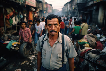 Fototapeta premium Mexican man, about 45 years old, standing amidst the crowded and chaotic streets of a Mexico City shantytown