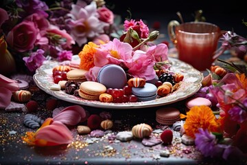 Obraz na płótnie Canvas French macarons and sweet treats on a plate
