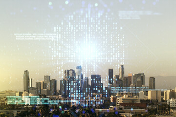 Abstract virtual creative code skull hologram on Los Angeles office buildings background, theft of...