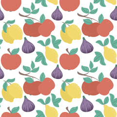 Summer fruit seamless pattern vector illustration. Background with apples, lemon and figs. Tropical print healthy food for textile, packaging and design
