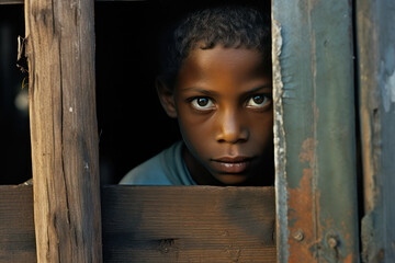 Naklejka premium South African boy, aged 12, looking out from the doorway of his corrugated iron shack in a Johannesburg township