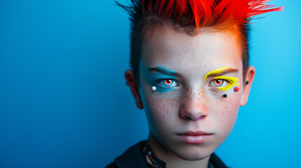 A rebellious teenager with a vibrant mohawk hairstyle and captivating multicolored eye contacts. This edgy and unique portrait captures the essence of individuality and self-expression. Perf - obrazy, fototapety, plakaty