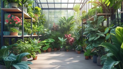 Plants in a green home, mixing rare colors, eco-care. Plants in eco-greenhouses show off colors and save water.