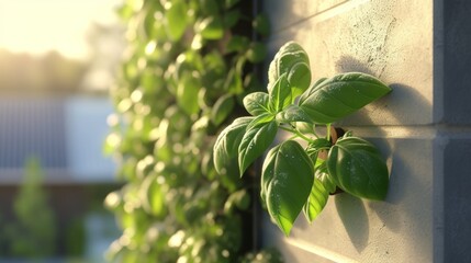 Basil plant in eco garden on sunny wall, morning dew fresh. Green basil in small garden, part of modern, sustainable home life.