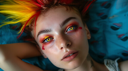 A rebellious teenager embracing their unique identity, with a vibrant mohawk hairstyle and captivating, multicolored eye contacts. Confidently flaunting their individuality, this edgy portra
