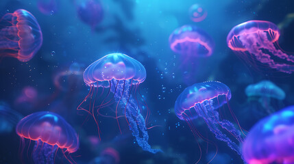 An enchanting 3D abstract underwater scene featuring mesmerizing, bioluminescent jellyfish casting an ethereal glow. Perfect for adding a touch of magic to your desktop wallpaper.