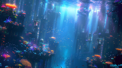 Discover a mesmerizing world beneath the waves with this breathtaking 3D abstract digital art. Immerse yourself in an enchanting underwater city adorned with vibrant, glowing coral that illu - obrazy, fototapety, plakaty