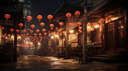 Asian Neighborhood at Night - Colorful Decorations and Streetlights