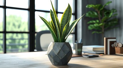 Snake plant in modern office for clean air, on wooden desk. Eco-friendly office has snake plant for better creativity and air. 