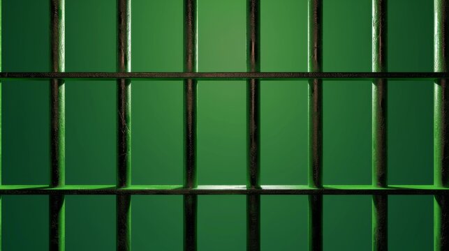 Old prison rusted metal bars cell lock isolated on green background. Jail bars.