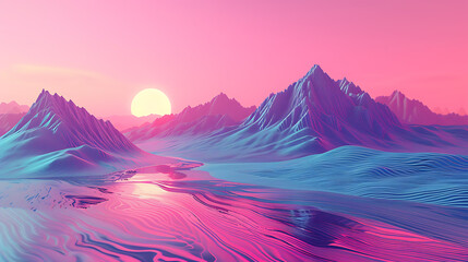 Immerse yourself in the breathtaking beauty of a virtual landscape showcasing majestic digital mountains and a mesmerizing holographic sky. This captivating 3D render style image will transp