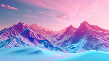 A mesmerizing virtual landscape featuring awe-inspiring digital mountains and a captivating holographic sky in a stunning 3D render style. Immerse yourself in this futuristic scene where tec - obrazy, fototapety, plakaty