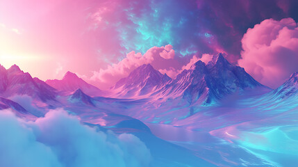 A mesmerizing virtual landscape featuring awe-inspiring digital mountains and a captivating holographic sky in a stunning 3D render style. Immerse yourself in this futuristic scene where tec - obrazy, fototapety, plakaty