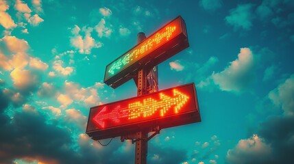 High-tech digital signpost at a crossroad against a cloudy sky - obrazy, fototapety, plakaty