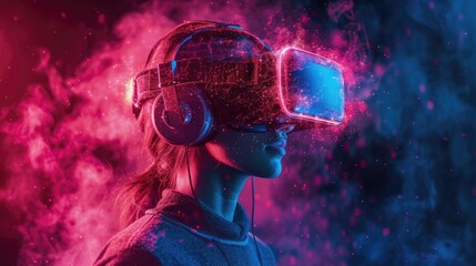 Immersive Virtual Reality Encounter Using Headset - obrazy, fototapety, plakaty
