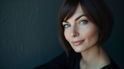 A captivating portrait of a woman in her thirties, exuding confidence with her sleek bob haircut and piercing grey eyes. Her gaze, both intense and mysterious, draws you in, leaving a lastin - obrazy, fototapety, plakaty