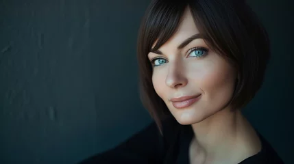 Tuinposter A captivating portrait of a woman in her thirties, exuding confidence with her sleek bob haircut and piercing grey eyes. Her gaze, both intense and mysterious, draws you in, leaving a lastin © Nijat