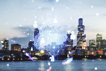 Virtual social network hologram and world map on Chicago skyline background. Multiexposure