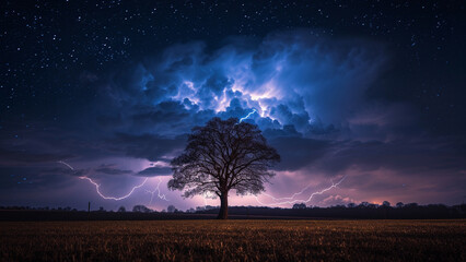 Bolt and lightning storm a tree in field. - obrazy, fototapety, plakaty
