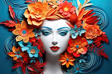 Fashionable Female Head With Colorful, Flowery Hair