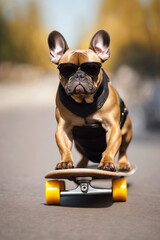 AI generation of serious french bulldog with glasses on the skateboard
