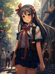 happy kawai anime girl in school uniform