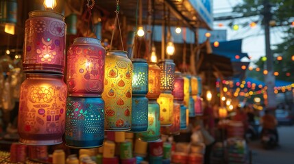 Fototapeta na wymiar Summer festival scene with shiny colorful lanterns lighting up the night