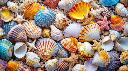 Various colorful seashells create a captivating background, Ai Generated. - obrazy, fototapety, plakaty