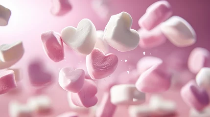 Fotobehang Sweet white and pink heart marshmallows falling gracefully, a delightful confectionery scene, Ai Generated. © Crazy Juke