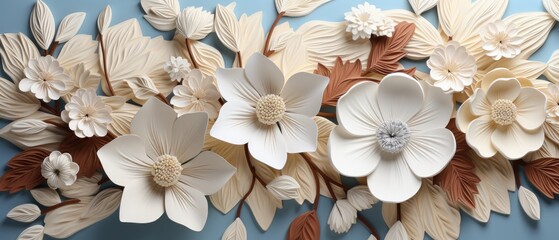 A bright and white abstract floral 3D tiles wall texture background with flowers and leaves, Ai Generated.