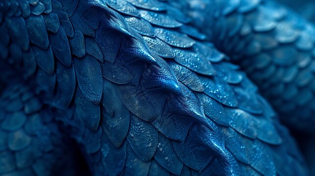 Macro shot of vibrant blue dragon scales with water droplets, showcasing intricate textures and patterns.
