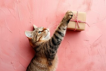 A brown cat with a gift box on a pink background. - obrazy, fototapety, plakaty