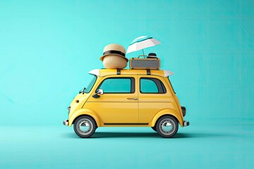 A yellow car loaded with things on a blue background. Travel, moving.