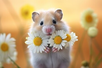 Portrait. The muzzle is a charming hamster with white blooming flowers. A red-haired hamster with a bouquet of daisies.