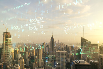 Scientific formula hologram on Manhattan cityscape background, research concept. Multiexposure