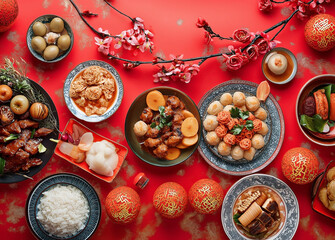 Obraz na płótnie Canvas Traditional concept Chinese new year table set up and dish. Lunar new years. Asian festive food